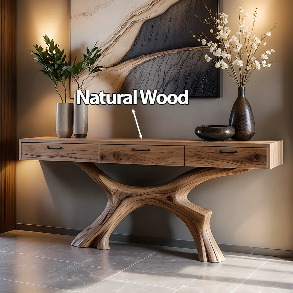 Solid Wood Console Table with Sculptural Branch-Form Base & Drawers - Rustira