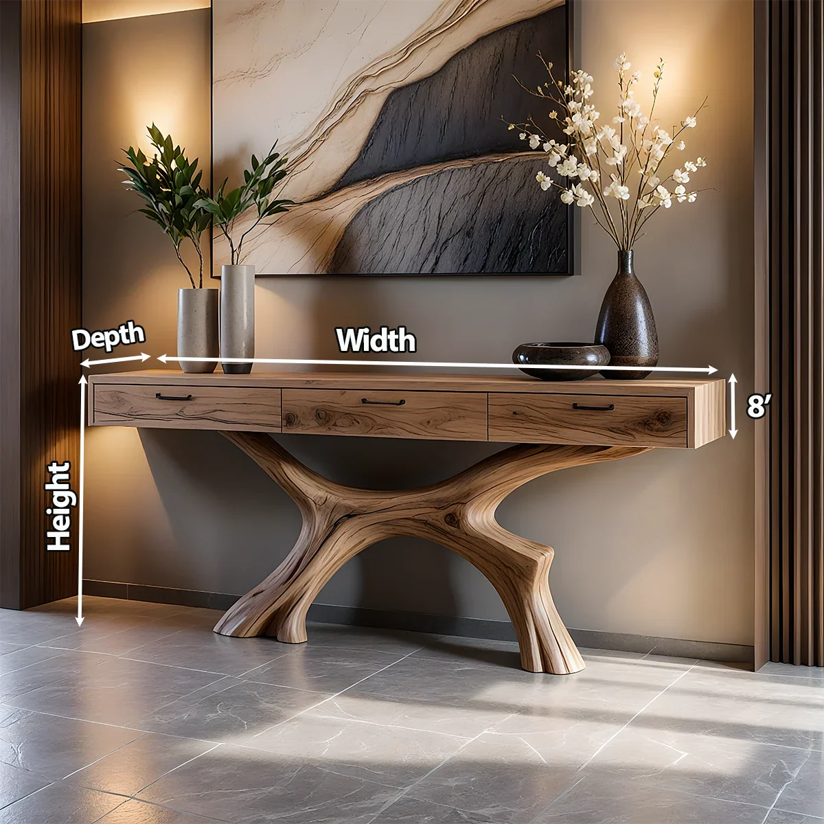 Solid Wood Console Table with Sculptural Branch-Form Base & Drawers - Rustira