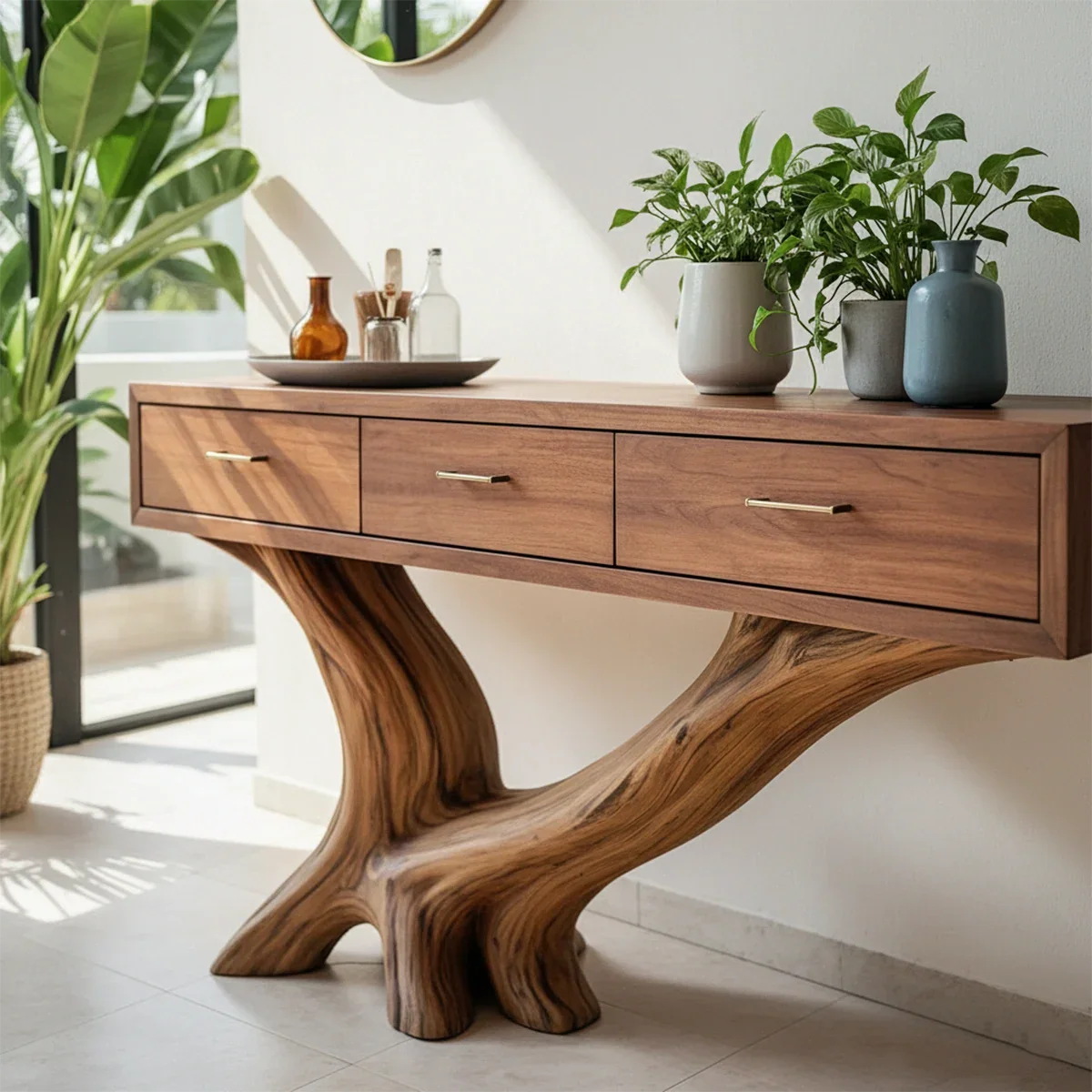 Solid Wood Console Table with Sculptural Natural Base & Drawers - Rustira