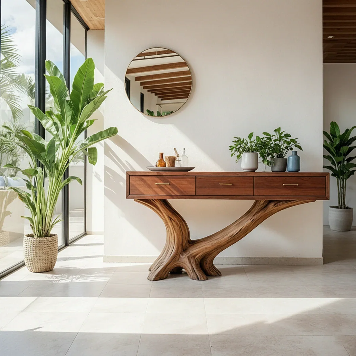 Solid Wood Console Table with Sculptural Natural Base & Drawers - Rustira