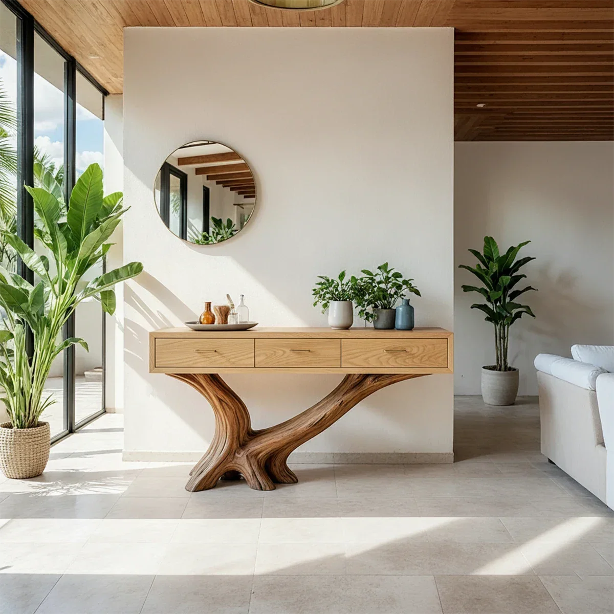 Solid Wood Console Table with Sculptural Natural Base & Drawers - Rustira