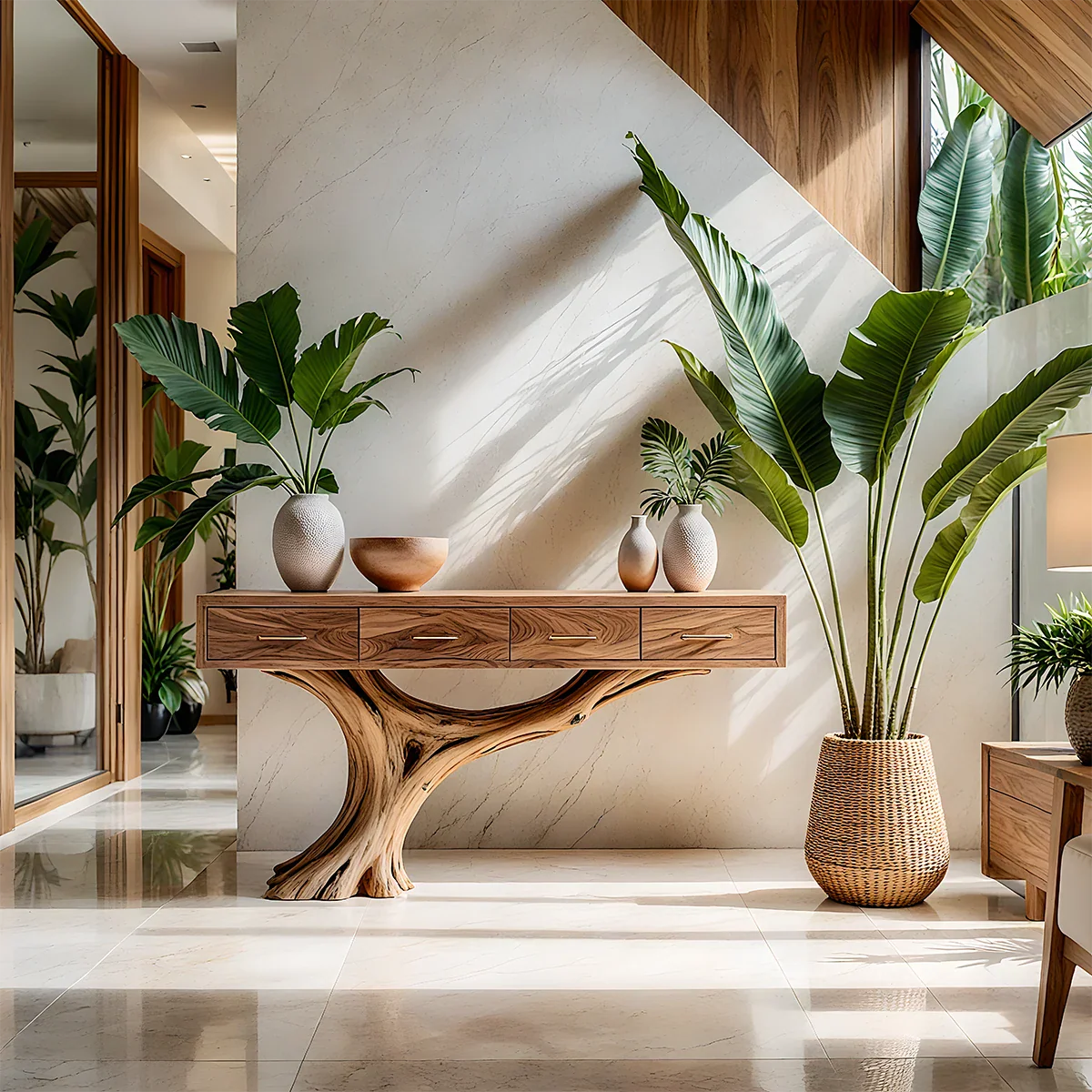 Solid Wood Console Table with Sculptural Tree-Inspired Base & Drawers - Rustira