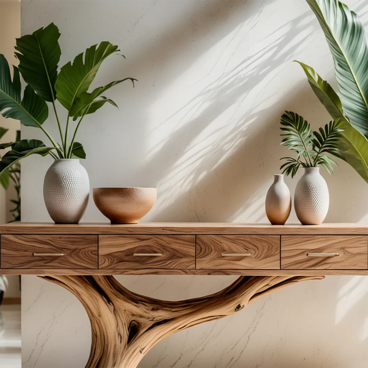 Solid Wood Console Table with Sculptural Tree-Inspired Base & Drawers - Rustira