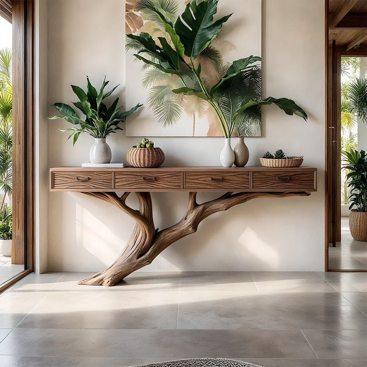 Solid Wood Console Table with Tree-Inspired Sculptural Base & Drawers - Rustira
