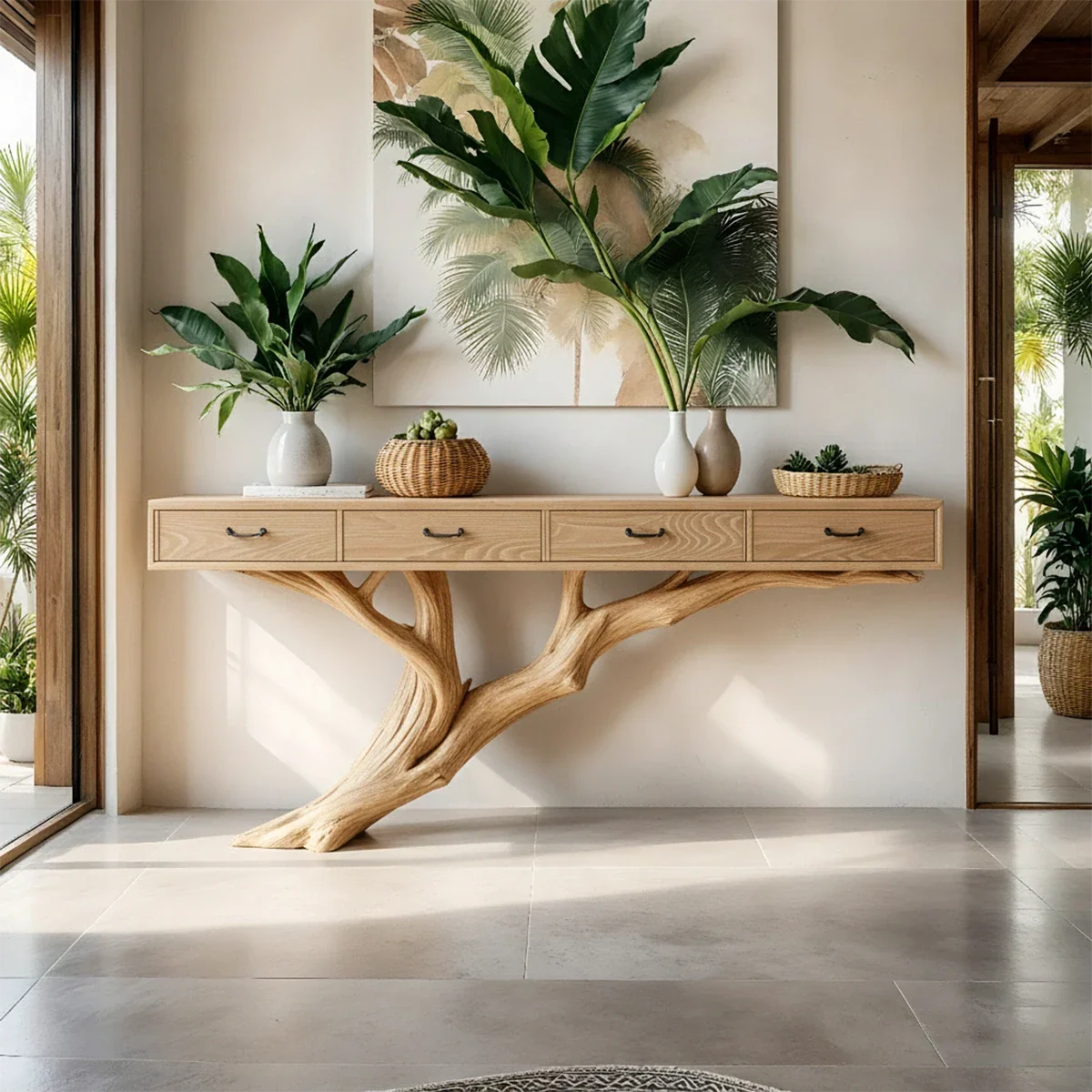Solid Wood Console Table with Tree-Inspired Sculptural Base & Drawers - Rustira