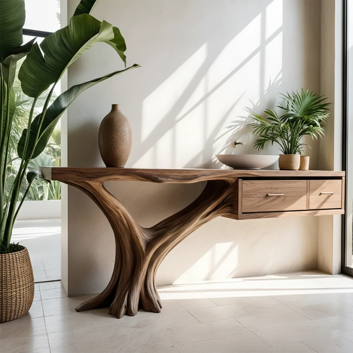 Solid Wood Console Table with Tree-Root Sculptural Base & Dual Drawers - Rustira