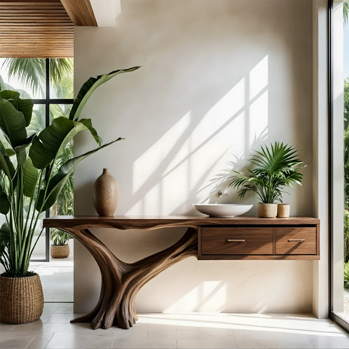 Solid Wood Console Table with Tree-Root Sculptural Base & Dual Drawers - Rustira