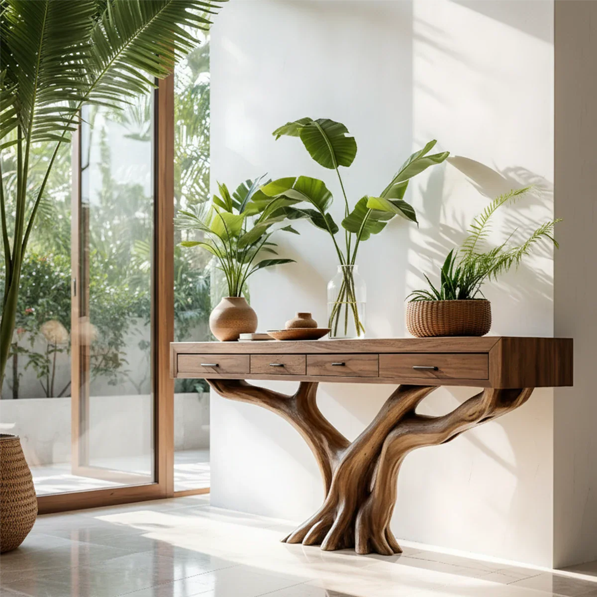 Solid Wood Console Table with Tree-Root Sculptural Base & Storage Drawers - Rustira