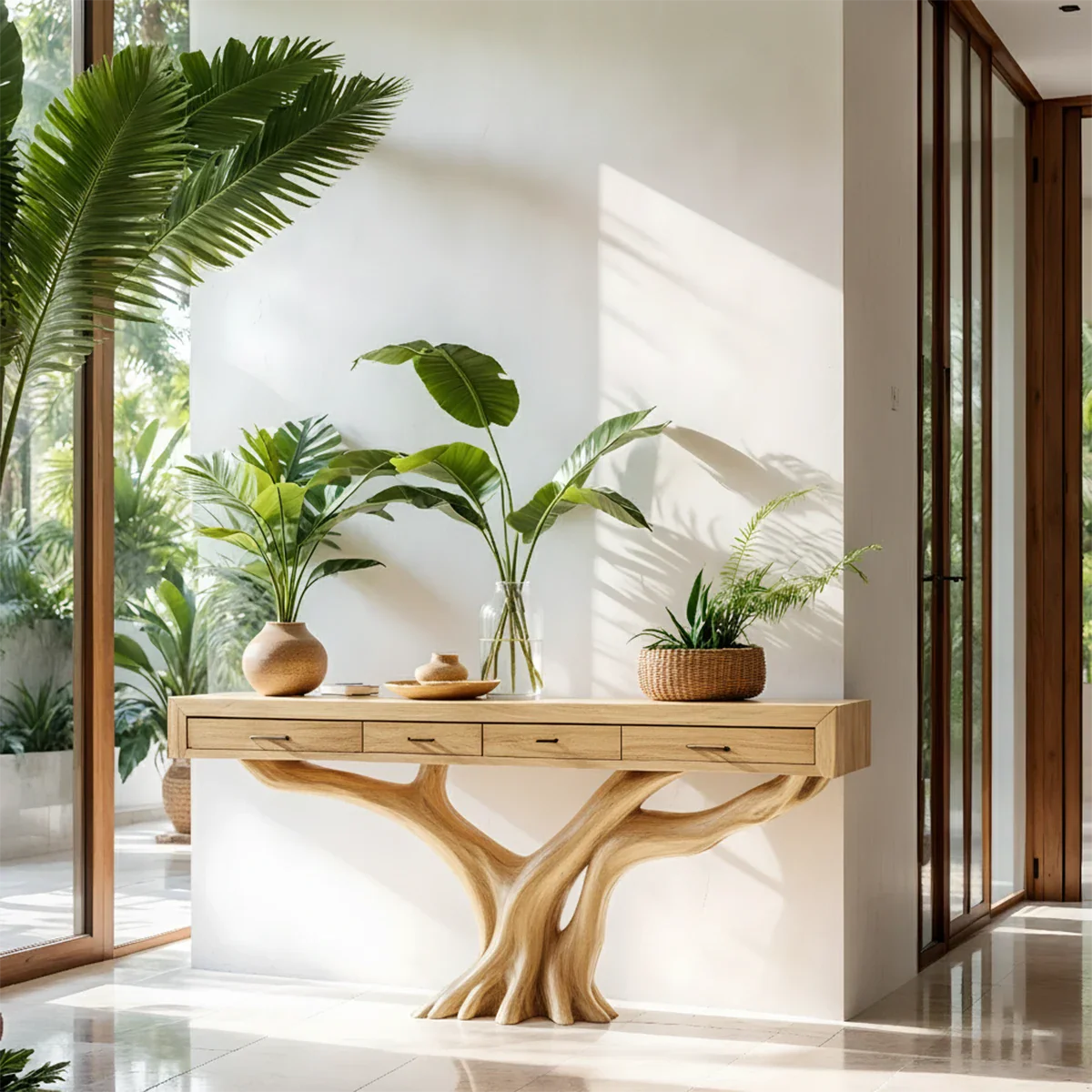 Solid Wood Console Table with Tree-Root Sculptural Base & Storage Drawers - Rustira