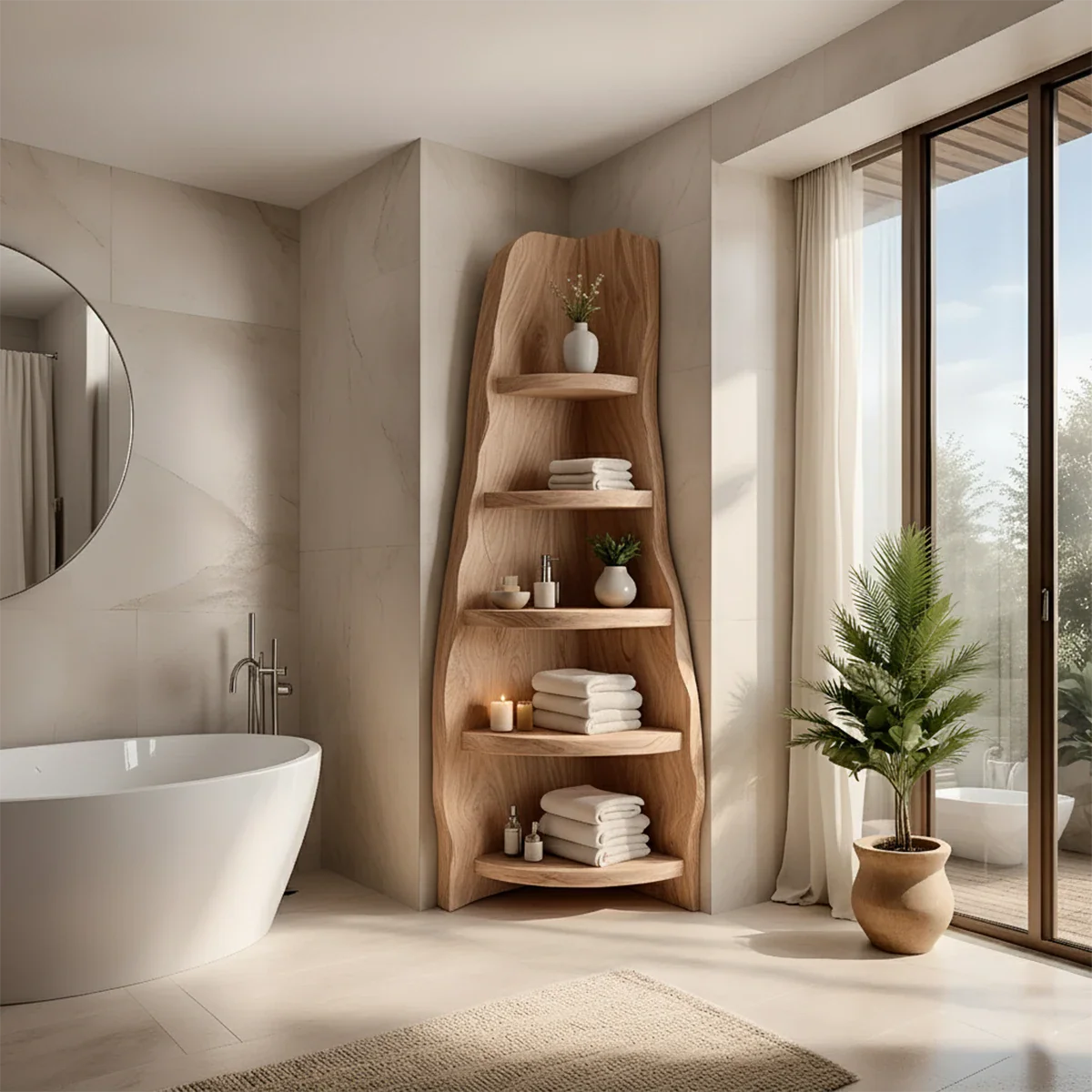 Solid Wood Corner Bathroom Shelf Tower – Live Edge Organic Design - Rustira