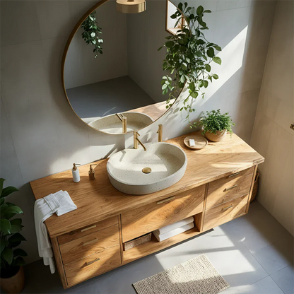 Solid Wood Double Floating Vanity with Stone Basin - Rustirawood