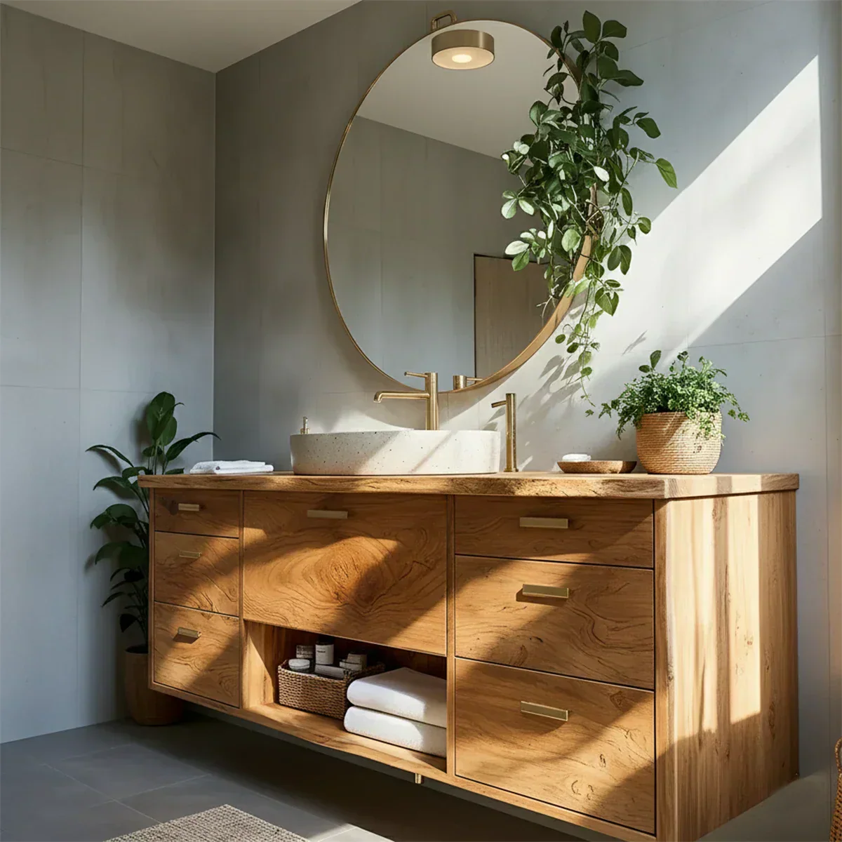 Solid Wood Double Floating Vanity with Stone Basin - Rustirawood