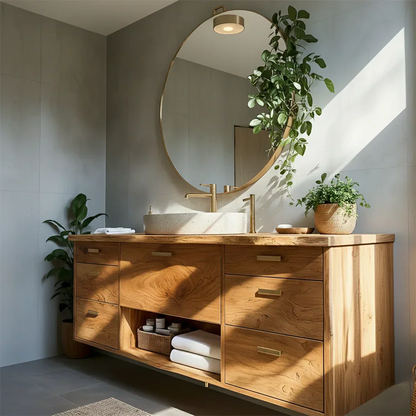 Solid Wood Double Floating Vanity with Stone Basin - Rustirawood