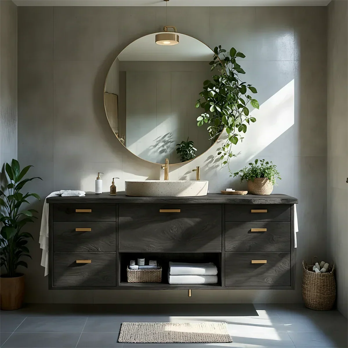 Solid Wood Double Floating Vanity with Stone Basin - Rustirawood