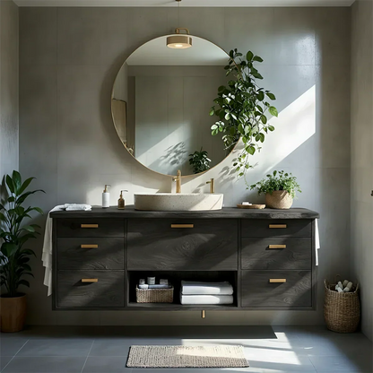 Solid Wood Double Floating Vanity with Stone Basin - Rustirawood