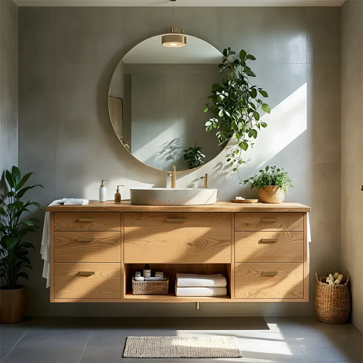 Solid Wood Double Floating Vanity with Stone Basin - Rustirawood