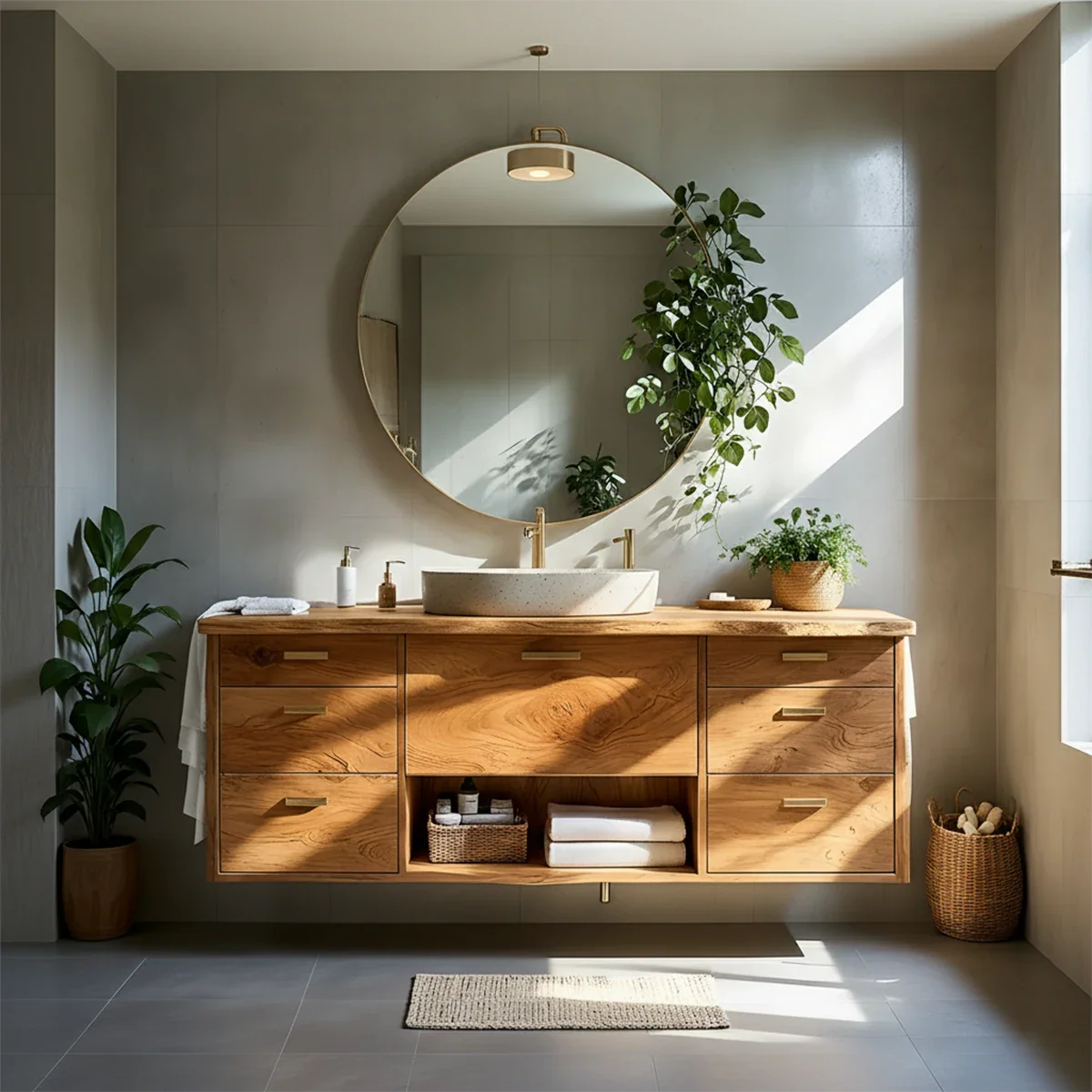 Solid Wood Double Floating Vanity with Stone Basin - Rustira