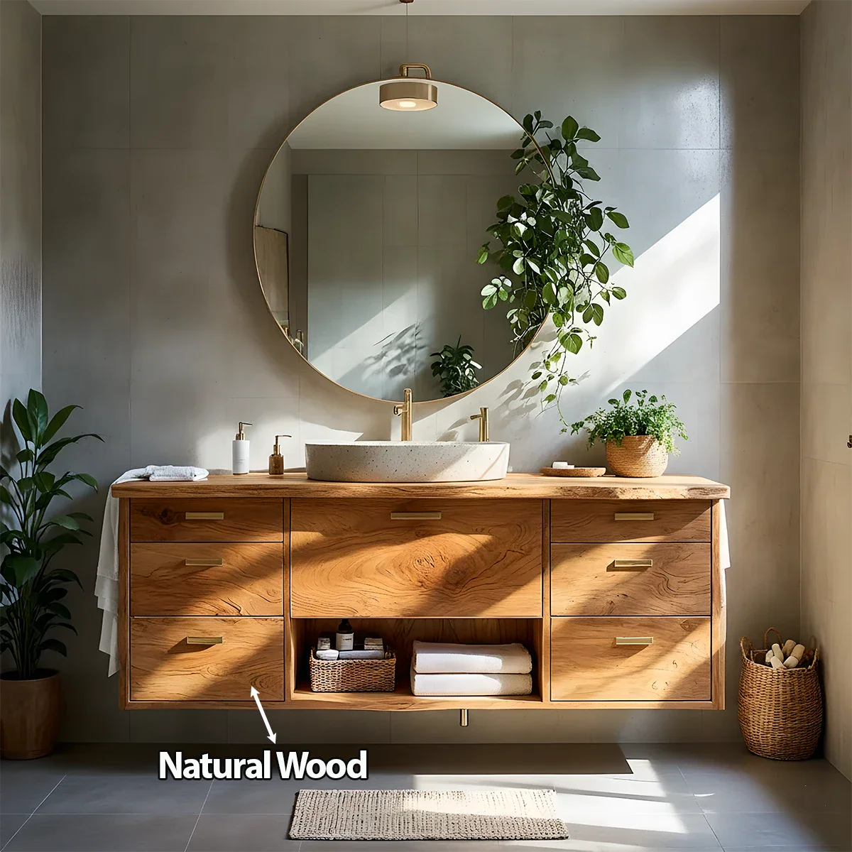 Solid Wood Double Floating Vanity with Stone Basin - Rustira