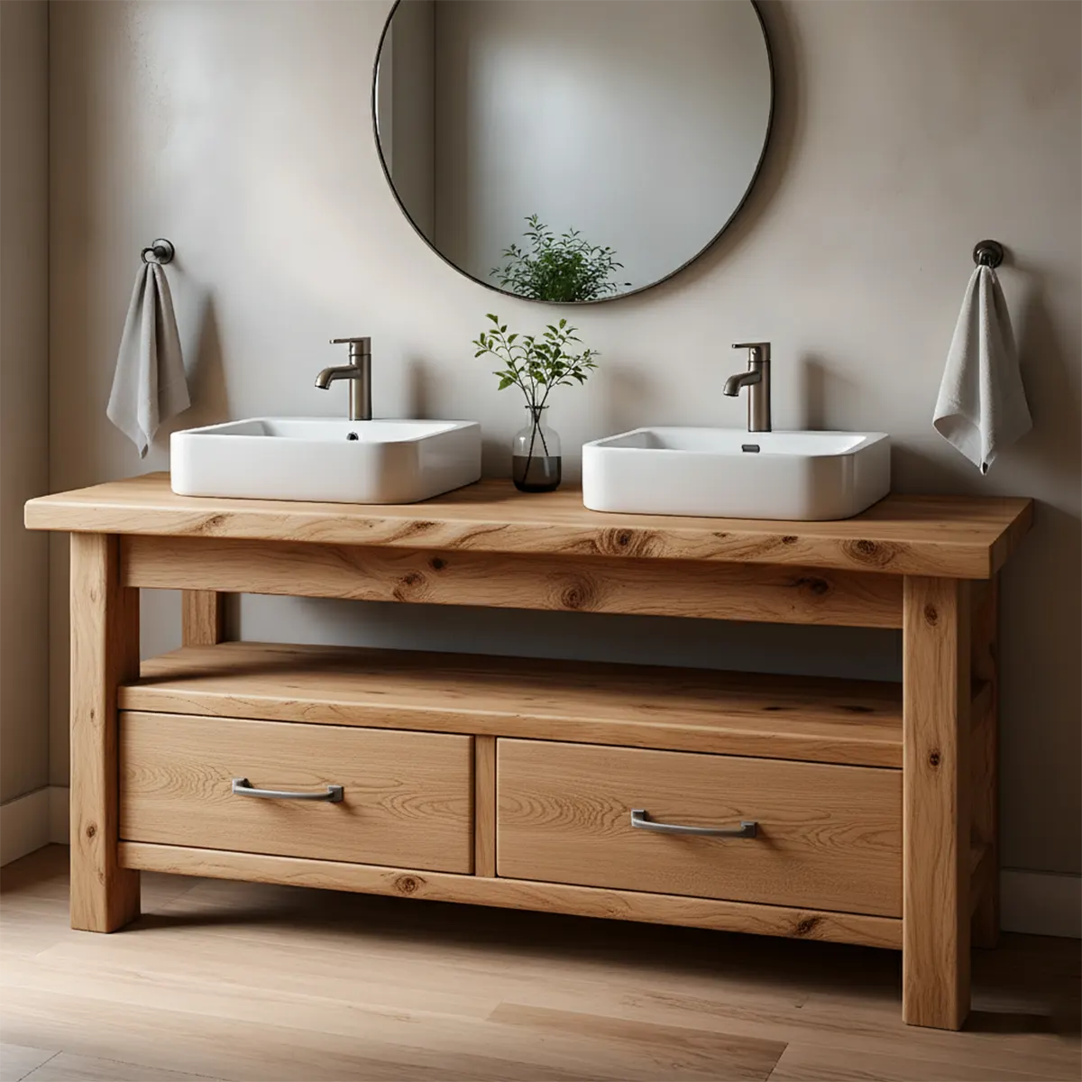 Solid Wood Double Sink Farmhouse Bathroom Vanity with Storage Drawers - Rustira