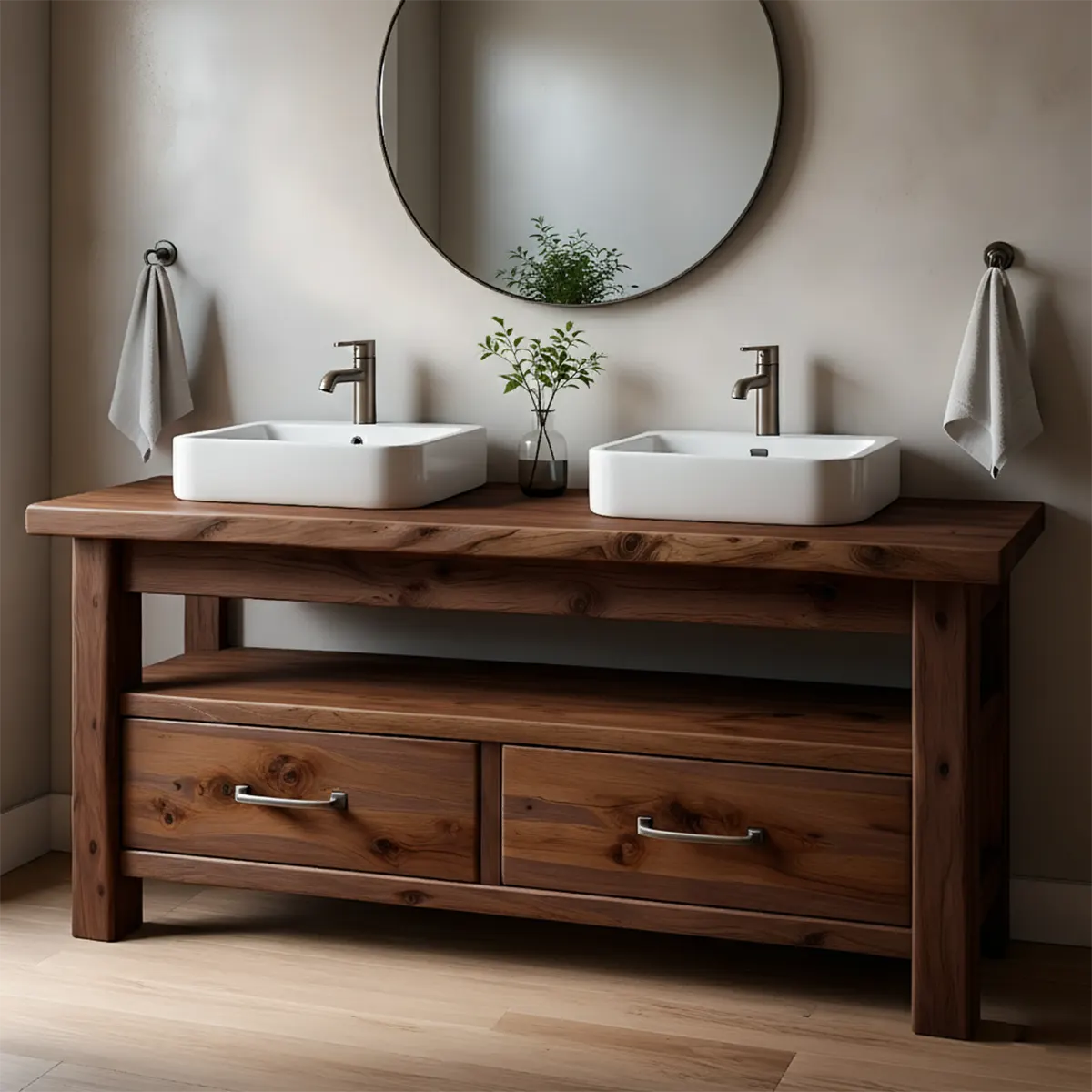 Solid Wood Double Sink Farmhouse Bathroom Vanity with Storage Drawers - Rustira