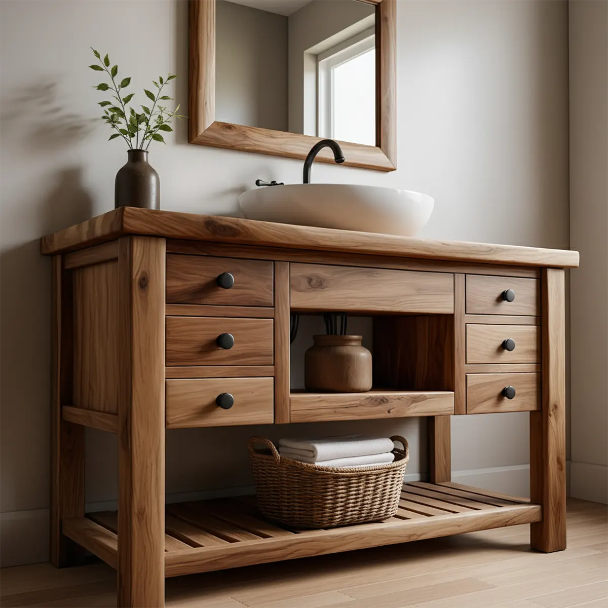 Solid Wood Farmhouse Bathroom Vanity with Drawers & Open Shelf - Rustira