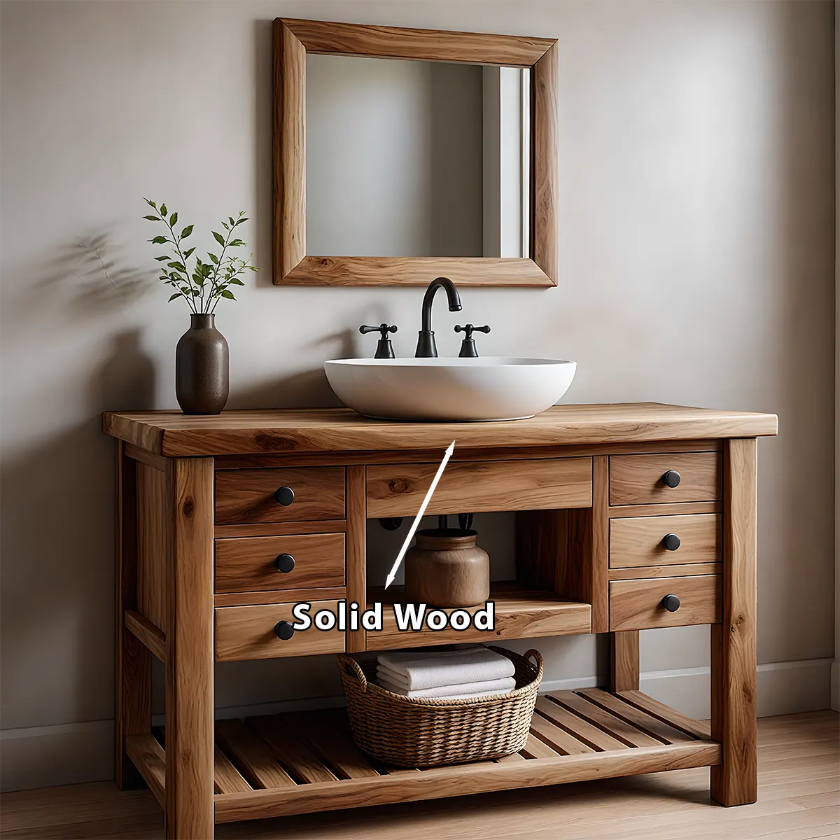 Solid Wood Farmhouse Bathroom Vanity with Drawers & Open Shelf - Rustira