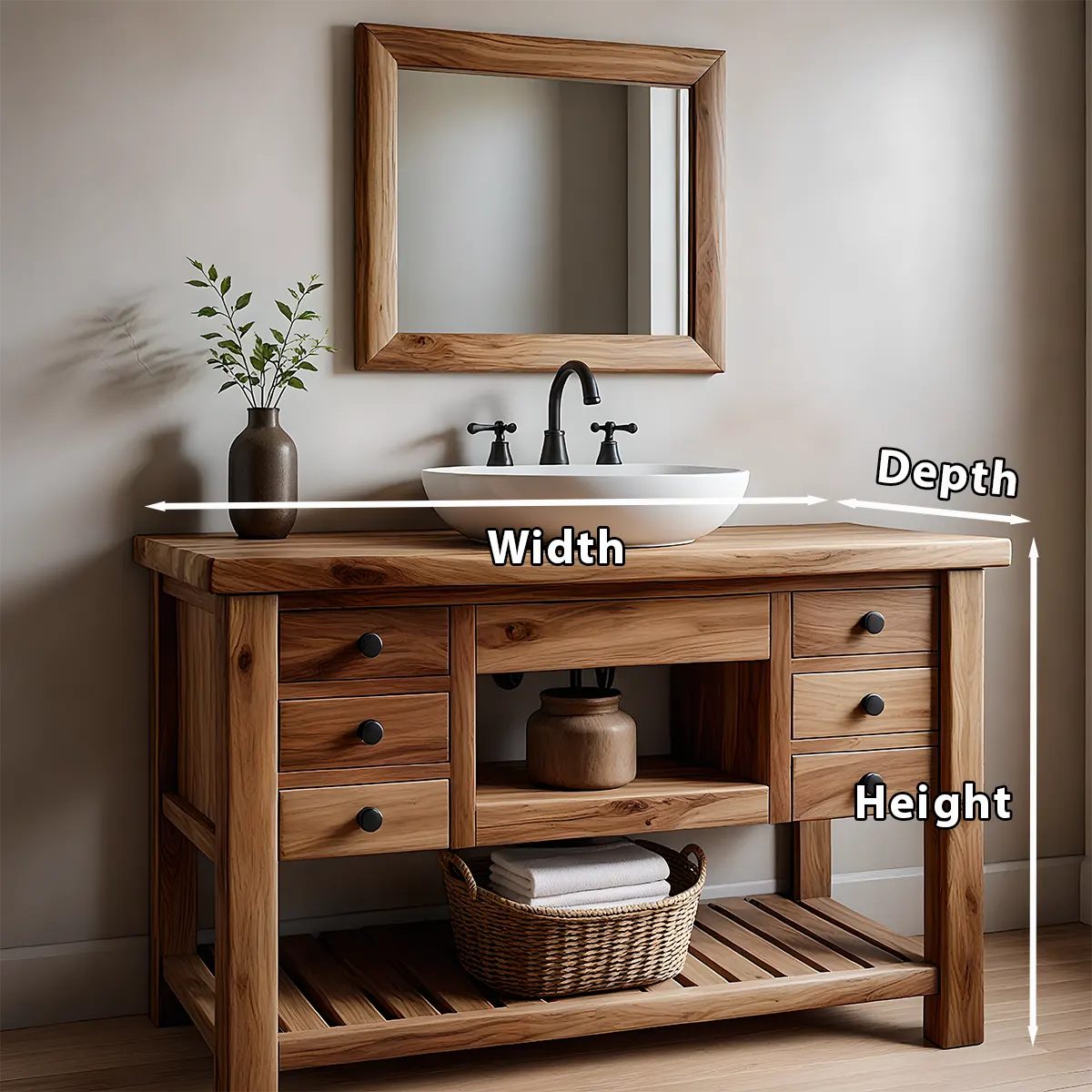 Solid Wood Farmhouse Bathroom Vanity with Drawers & Open Shelf - Rustira
