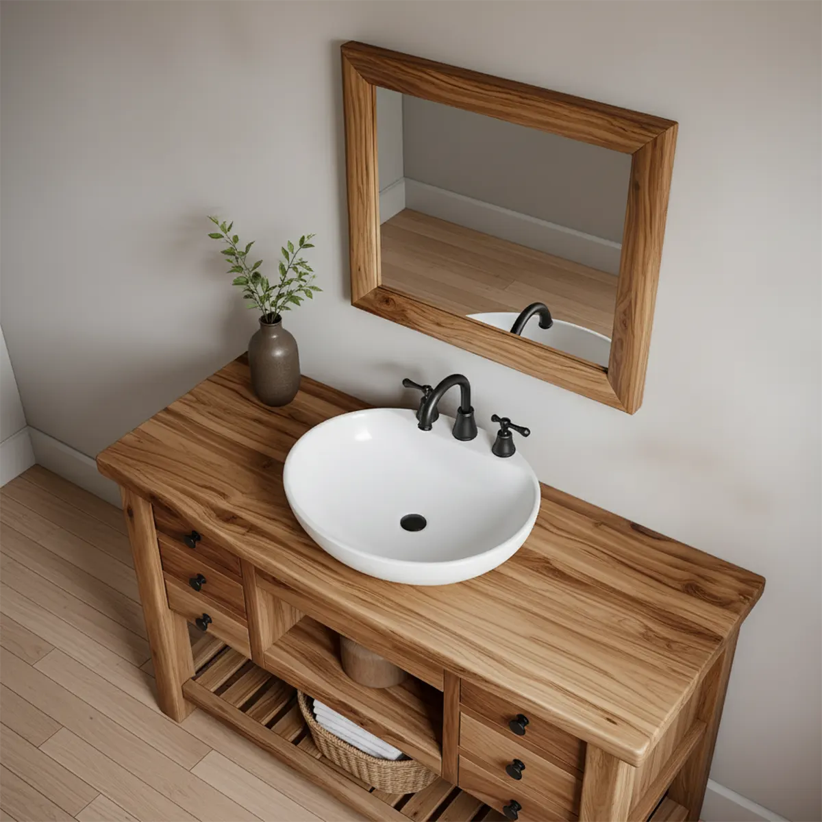 Solid Wood Farmhouse Bathroom Vanity with Drawers & Open Shelf - Rustira