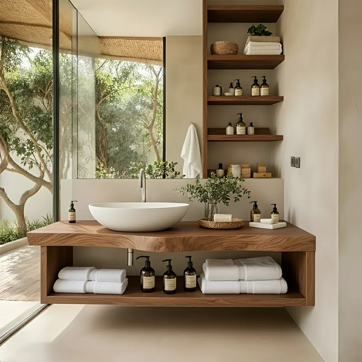 Solid Wood Floating Vanity with Shelf – Japandi Natural Spa Bathroom Console - Rustira