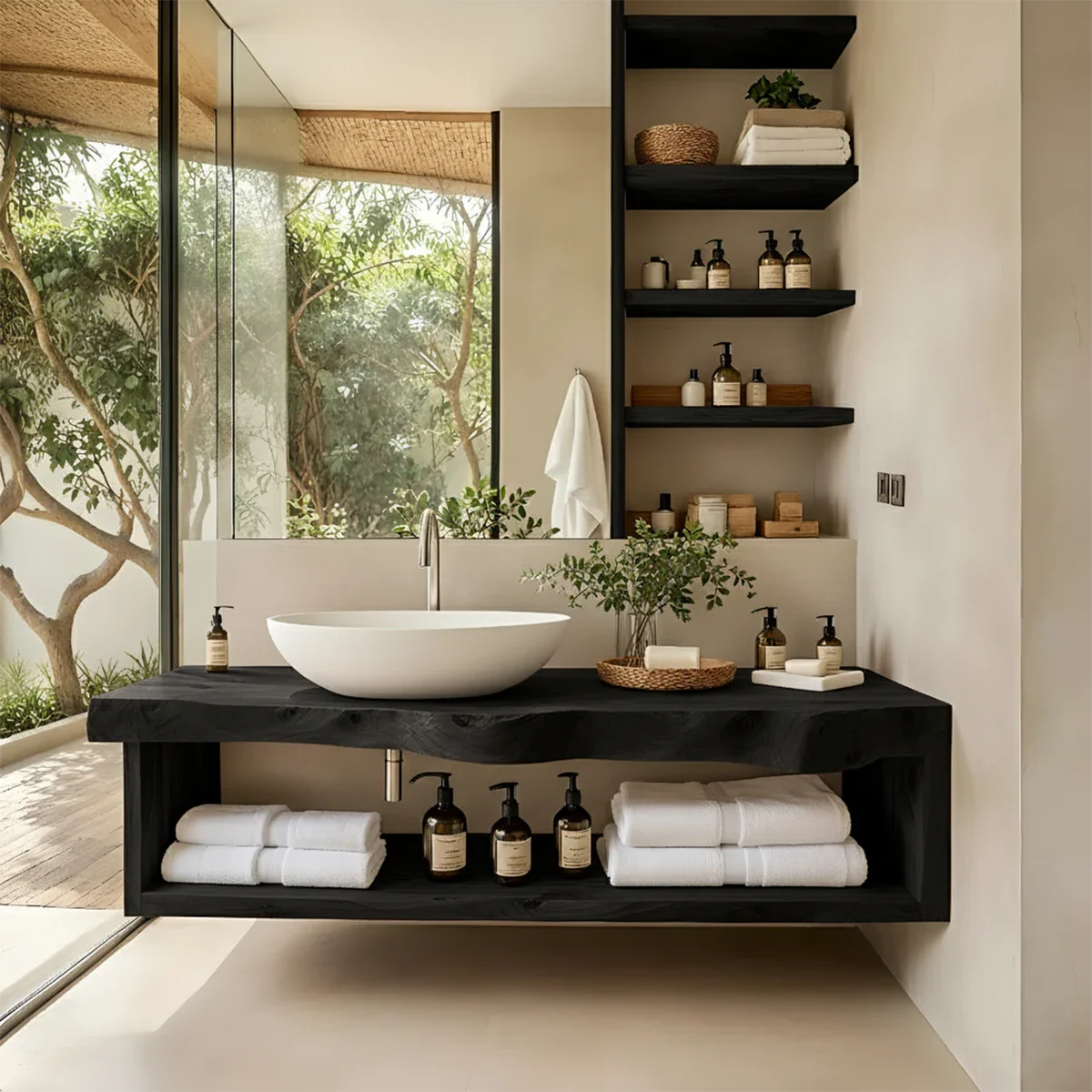 Solid Wood Floating Vanity with Shelf – Japandi Natural Spa Bathroom Console - Rustira