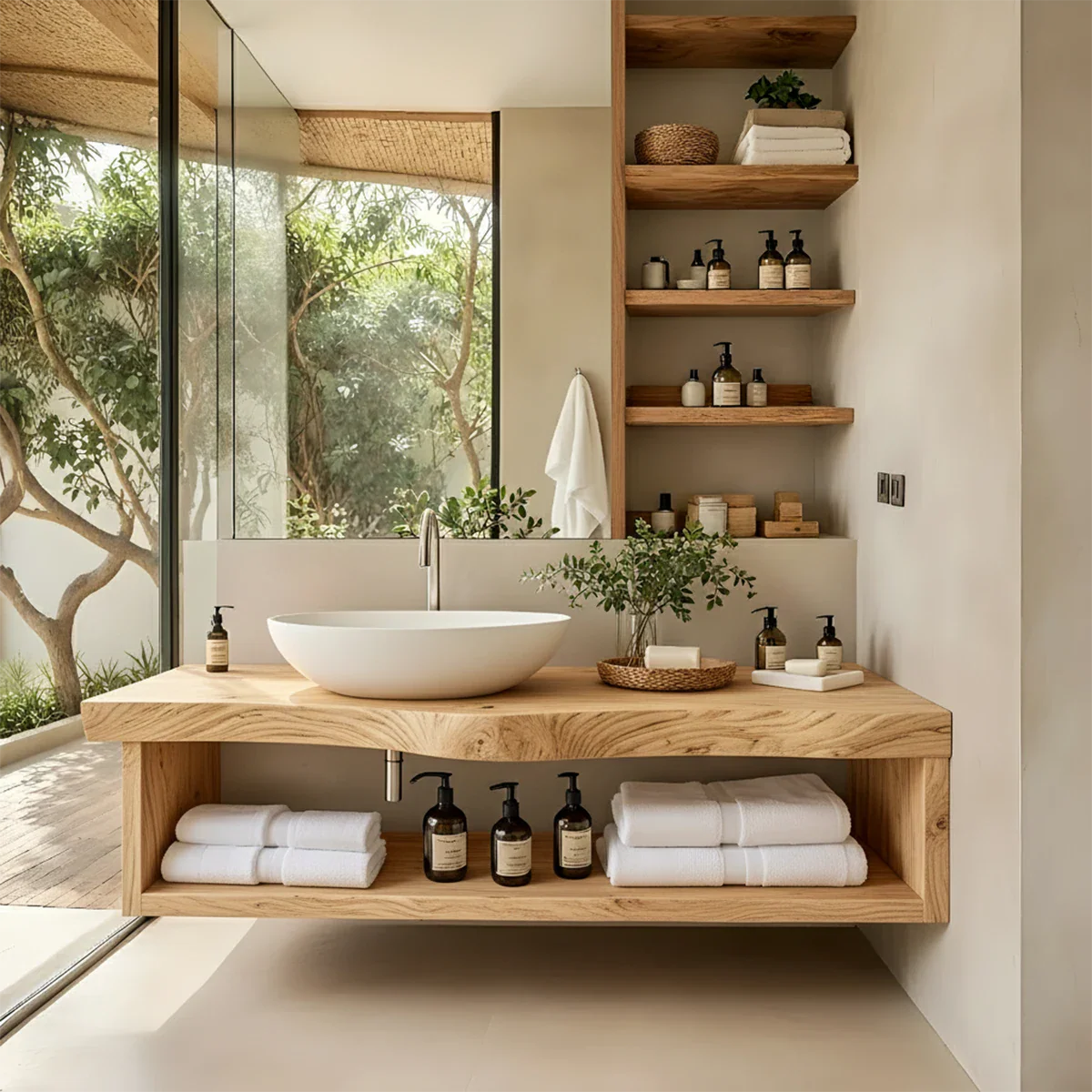 Solid Wood Floating Vanity with Shelf – Japandi Natural Spa Bathroom Console - Rustira