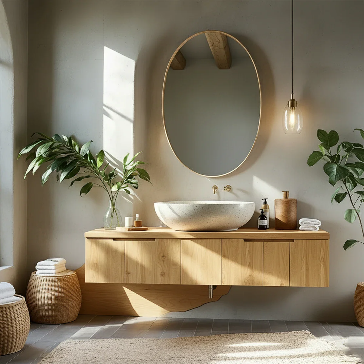 Solid Wood Floating Vanity with Stone Basin - Rustira