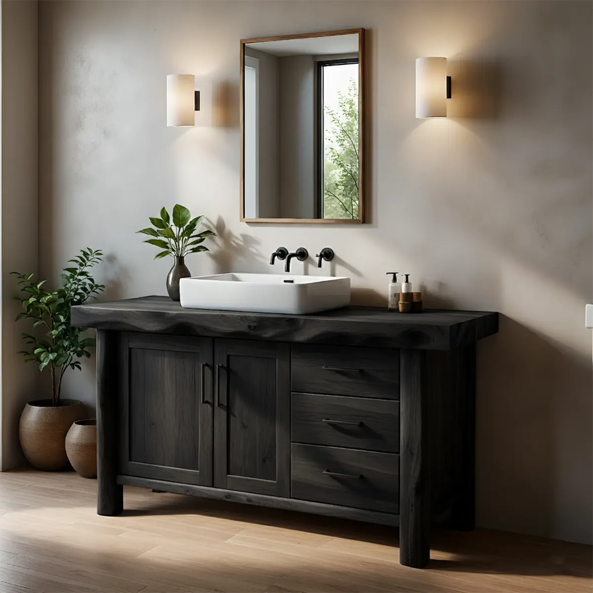 Solid Wood Live Edge Bathroom Vanity with Cabinet & Drawers - Rustira