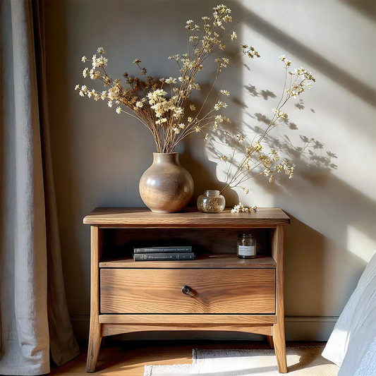 Solid Wood Minimalist Nightstand – Single Drawer & Open Shelf - Rustirawood
