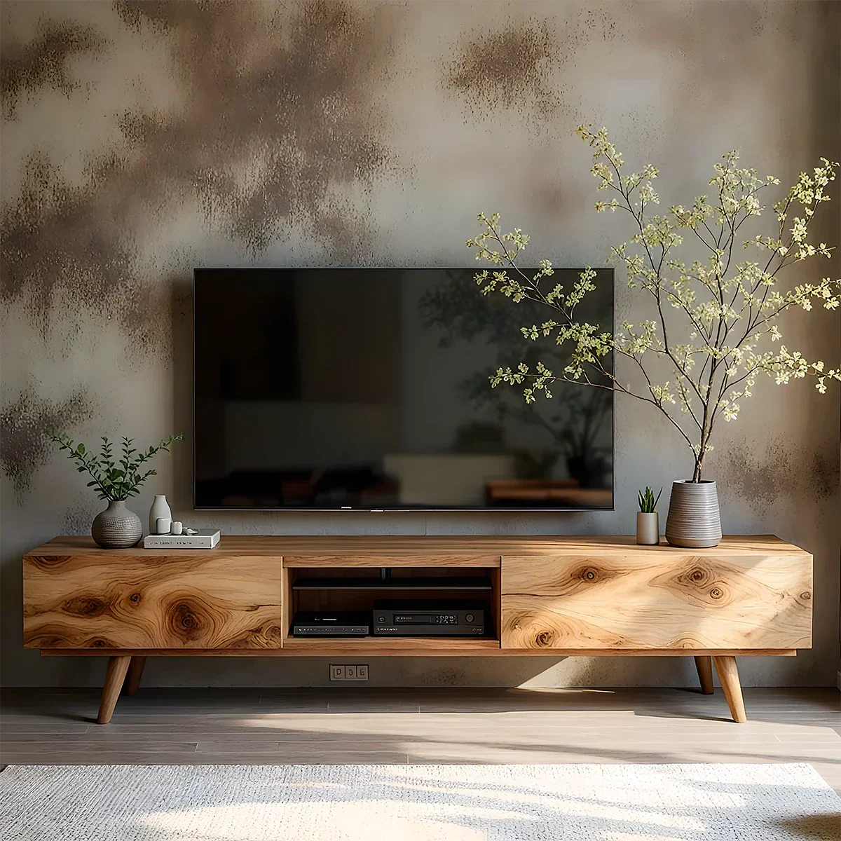Solid Wood Modern TV Stand – Natural Finish Media Console - Rustirawood