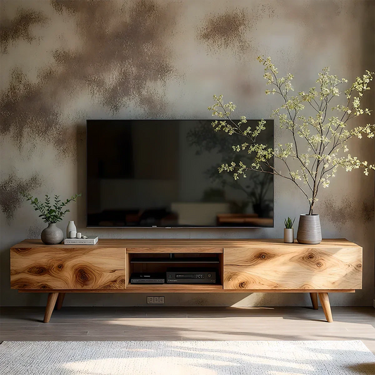 Solid Wood Modern TV Stand – Natural Finish Media Console - Rustirawood