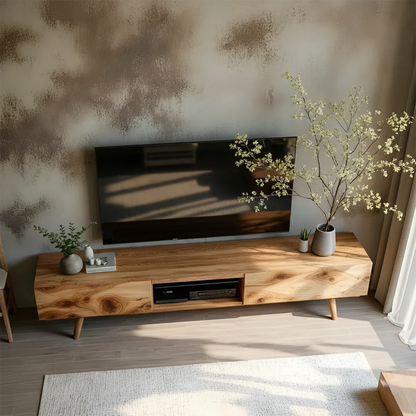 Solid Wood Modern TV Stand – Natural Finish Media Console - Rustirawood