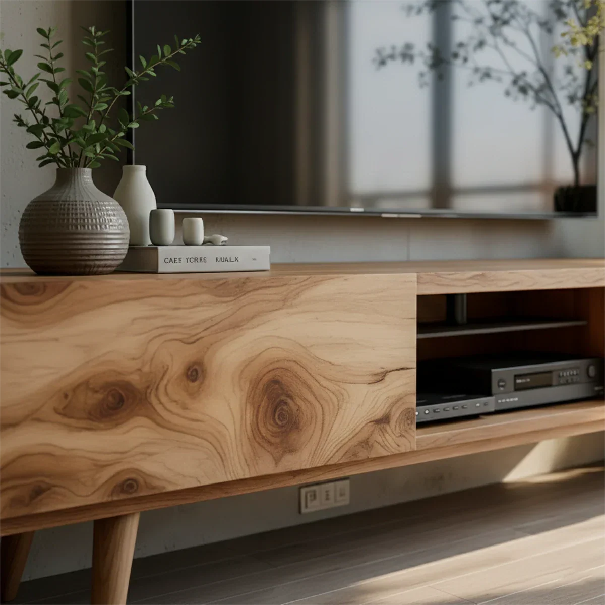 Solid Wood Modern TV Stand – Natural Finish Media Console - Rustirawood