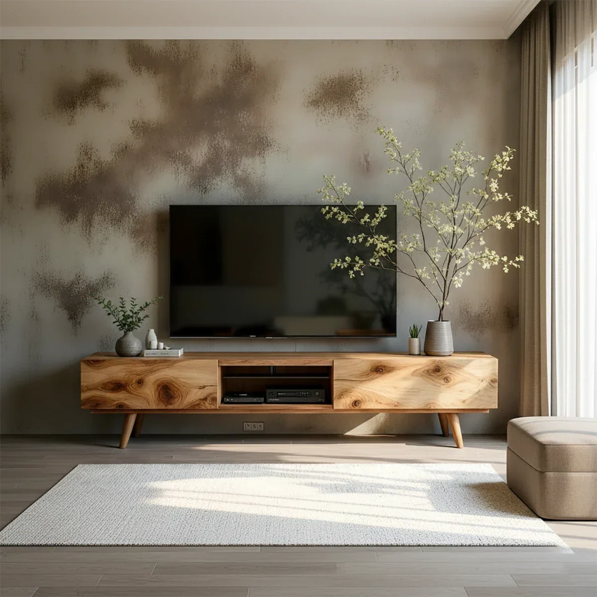 Solid Wood Modern TV Stand – Natural Finish Media Console - Rustirawood