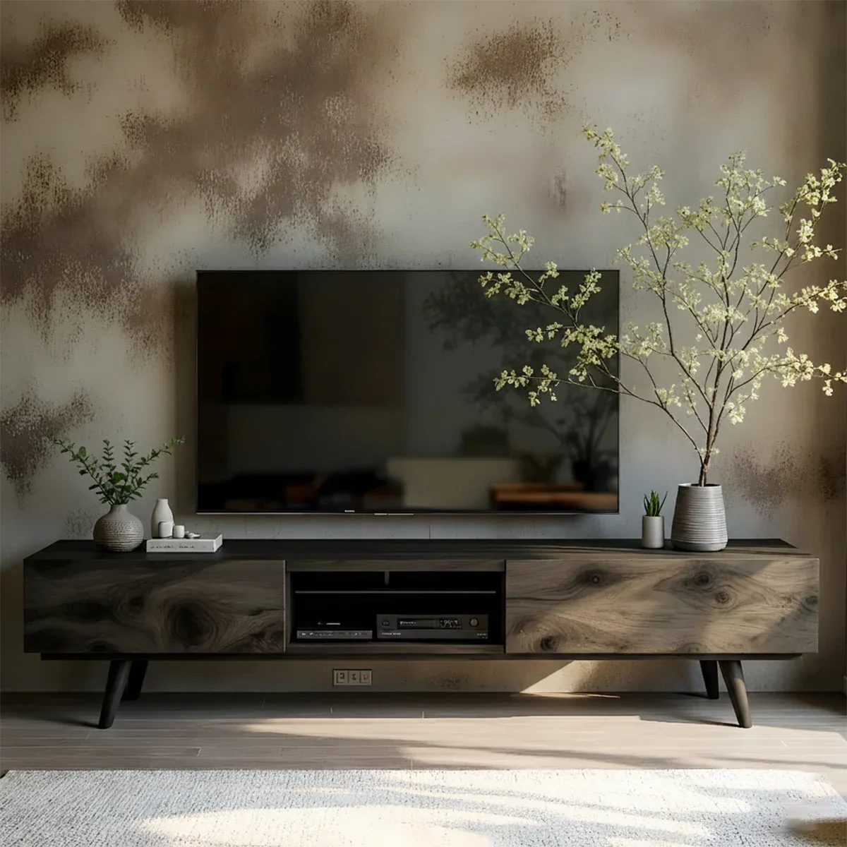 Solid Wood Modern TV Stand – Natural Finish Media Console - Rustirawood