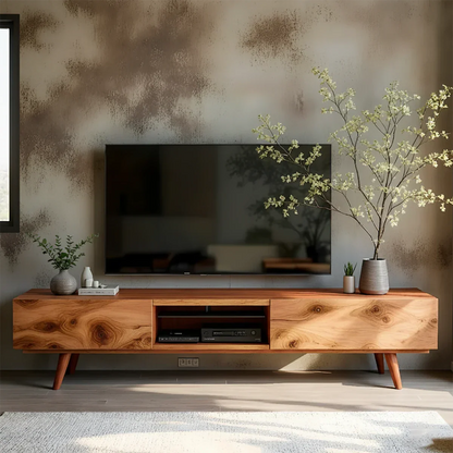 Solid Wood Modern TV Stand – Natural Finish Media Console - Rustirawood