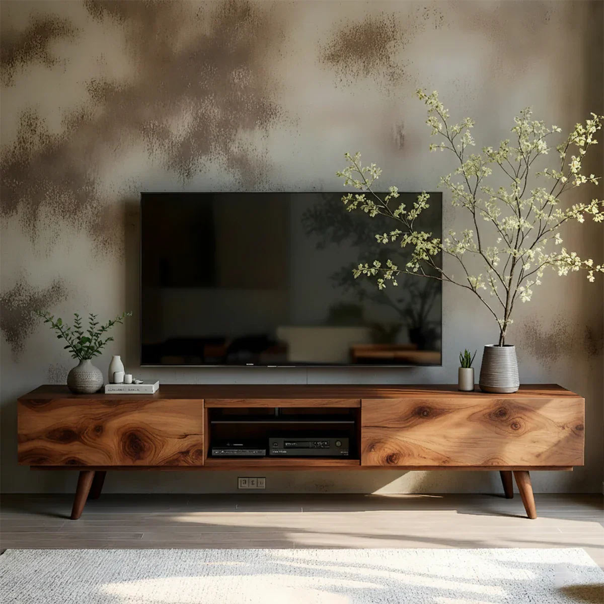 Solid Wood Modern TV Stand – Natural Finish Media Console - Rustirawood