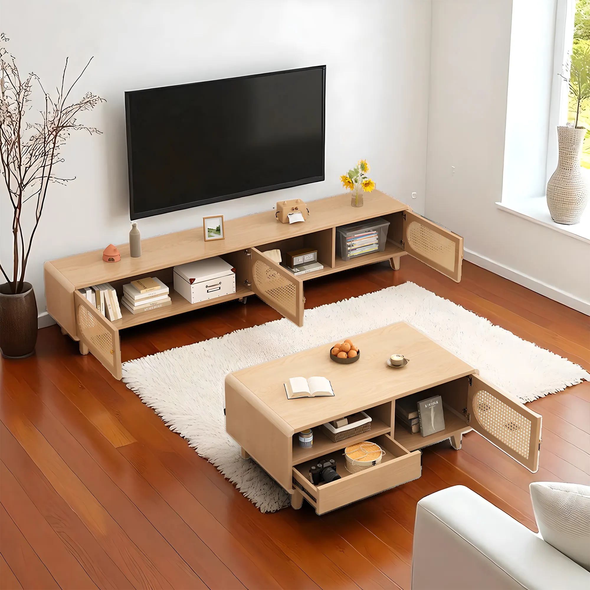 Solid Wood & Rattan TV Stand and Coffee Table Set – Modern Look 