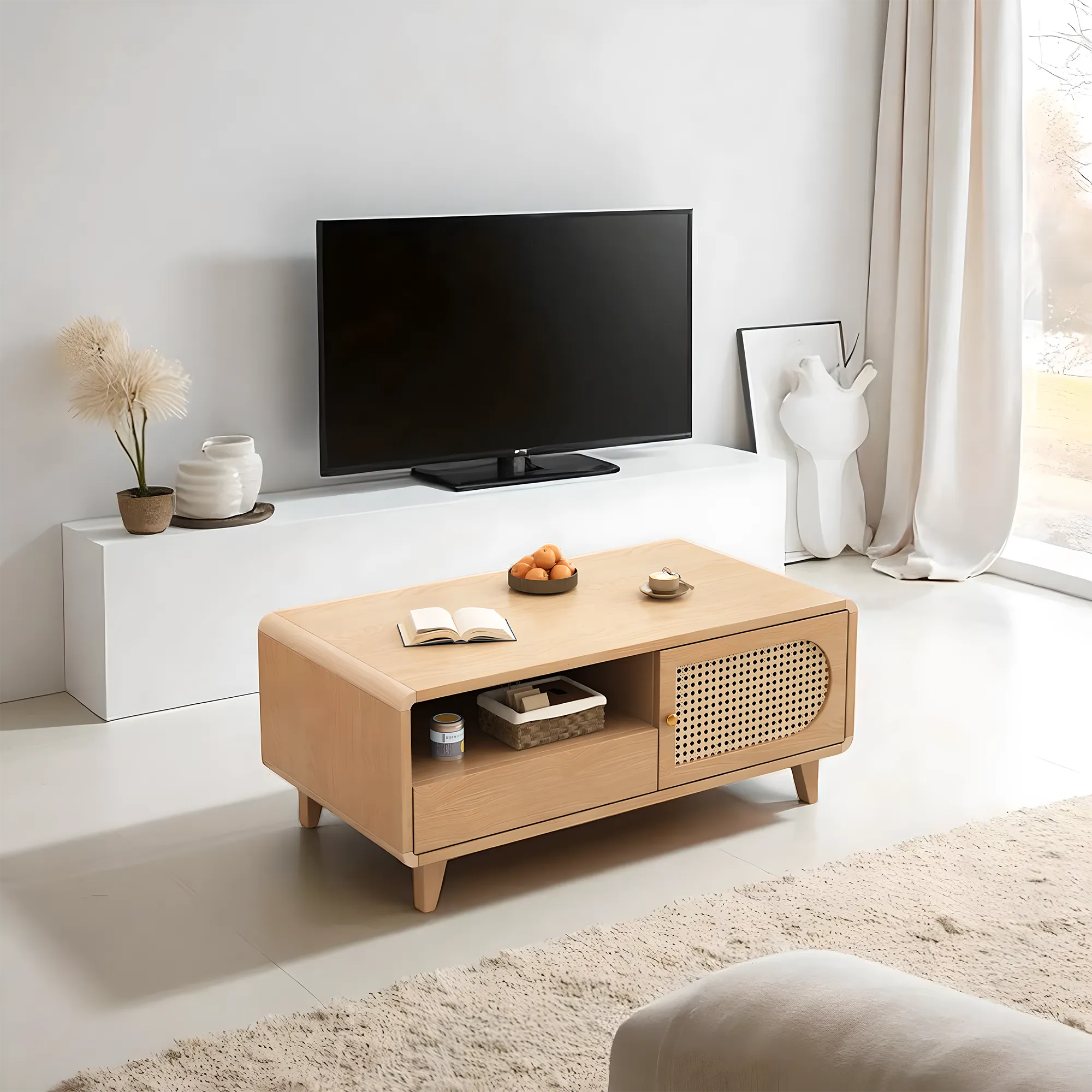 Solid Wood & Rattan TV Stand and Coffee Table Set – Modern Look 