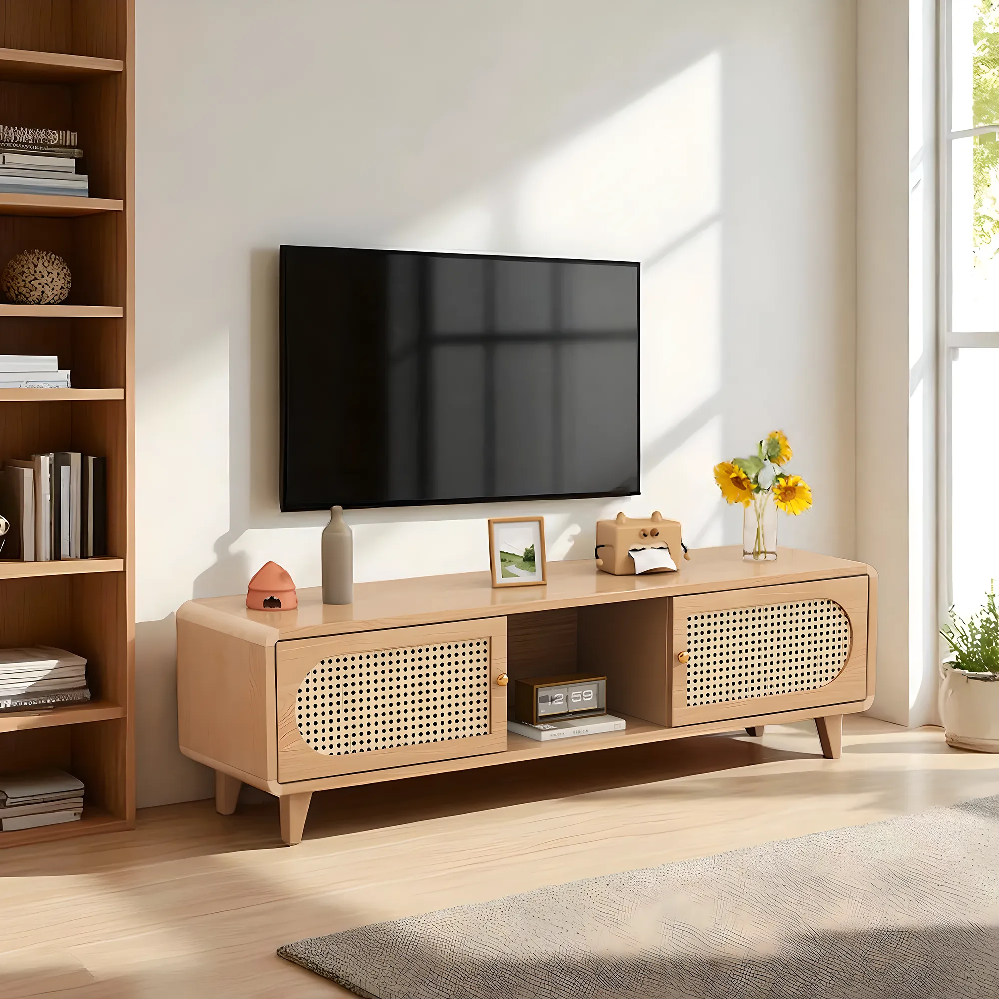 Solid Wood & Rattan TV Stand and Coffee Table Set – Modern Look 