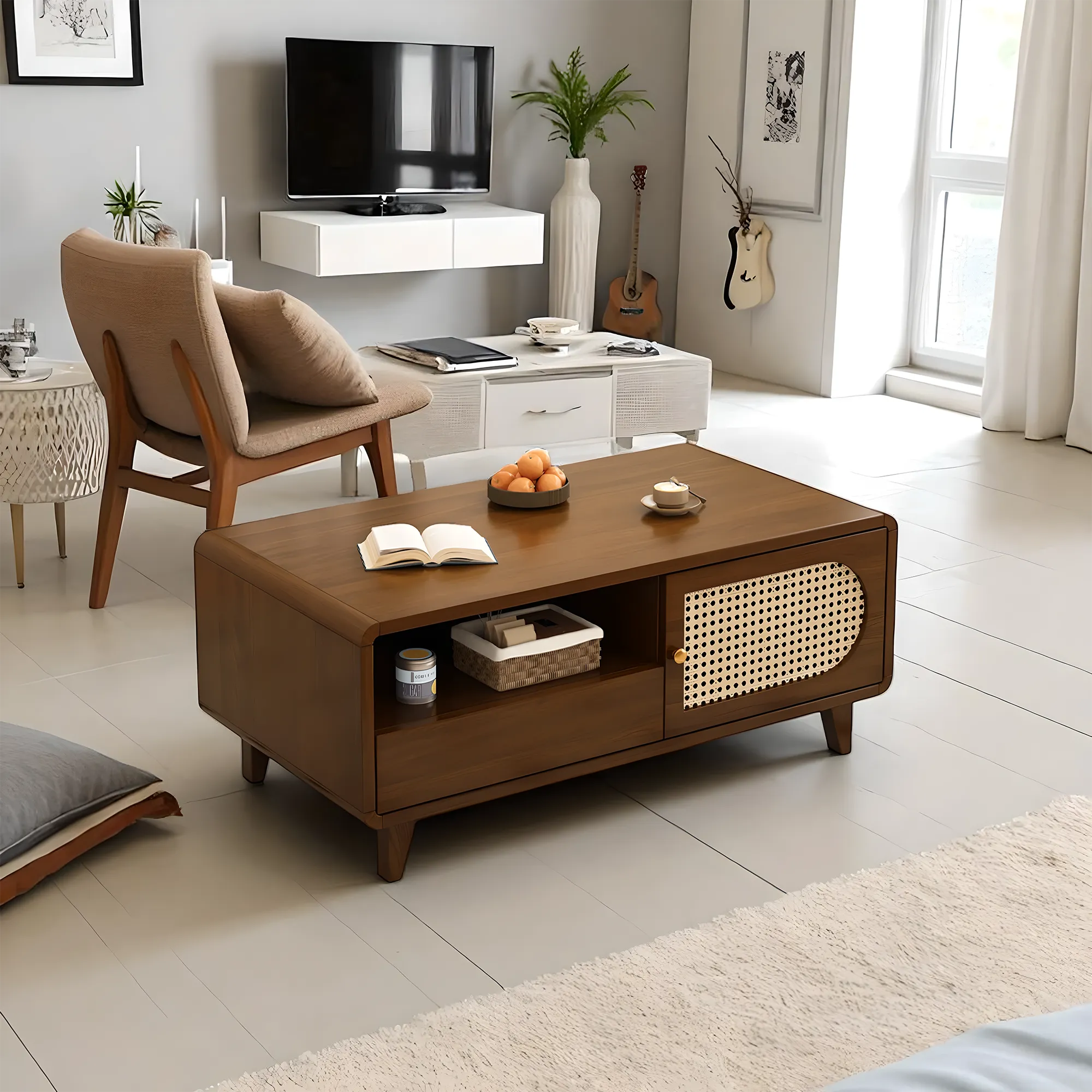 Solid Wood & Rattan TV Stand and Coffee Table Set – Modern Look 