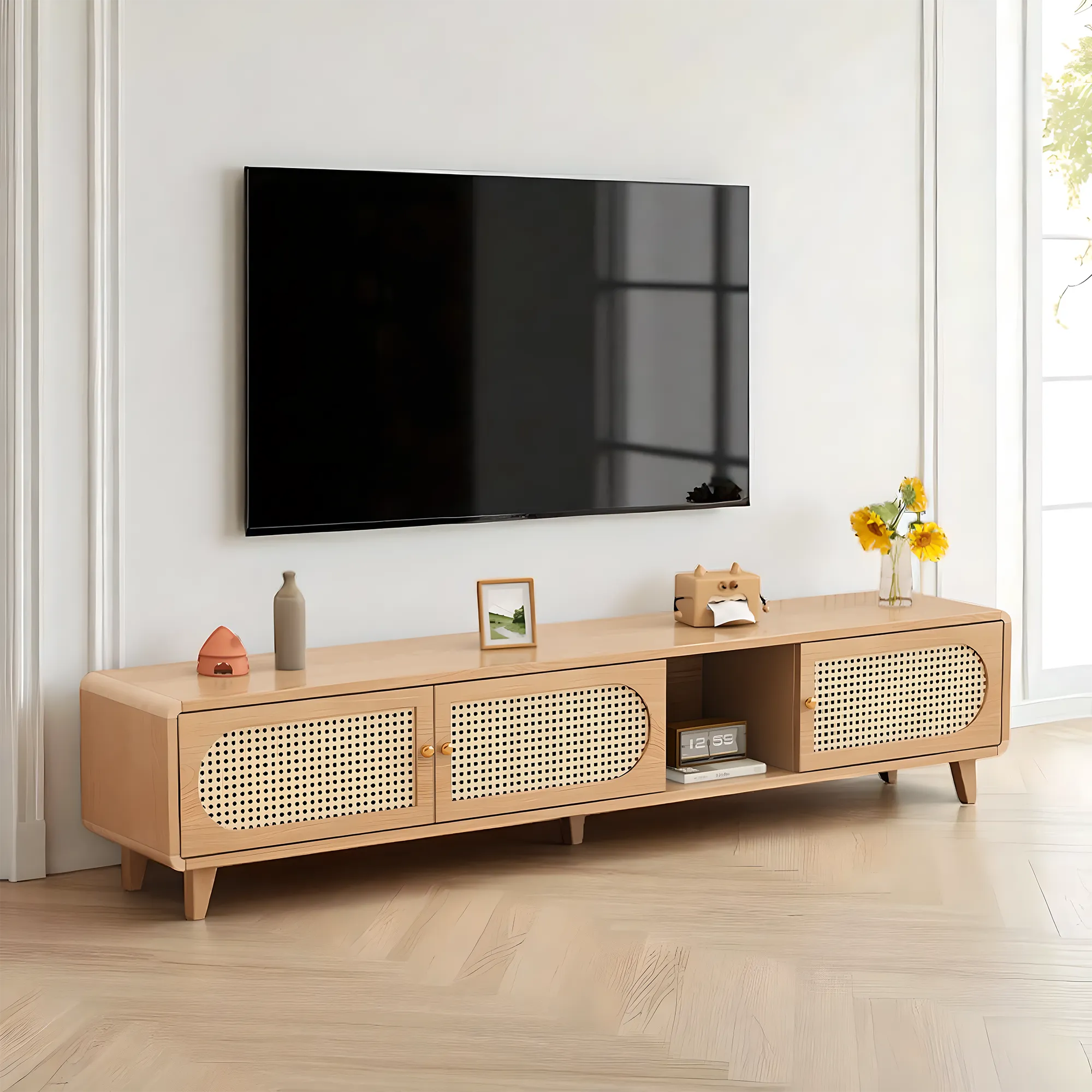 Solid Wood & Rattan TV Stand and Coffee Table Set – Modern Look 