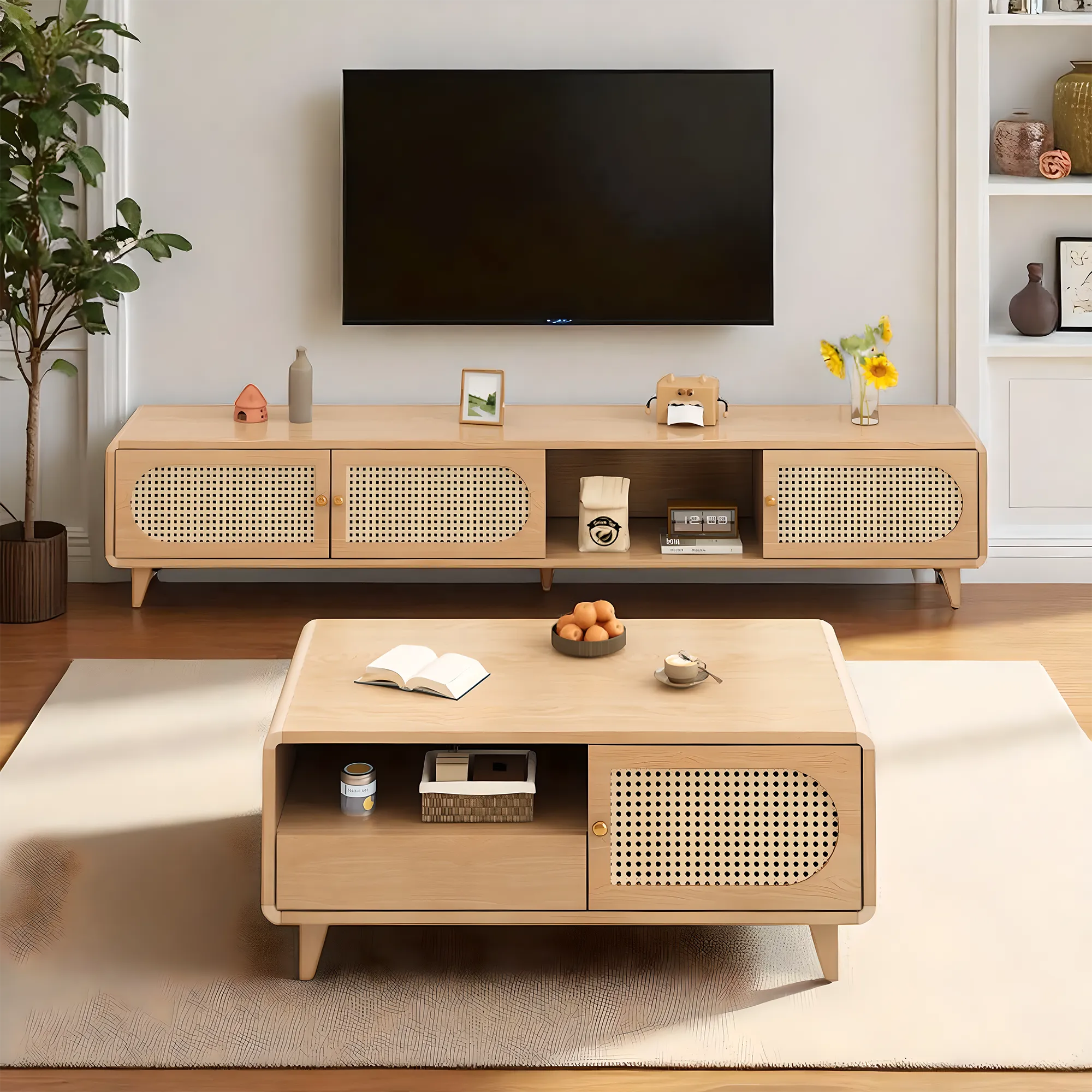 Solid Wood & Rattan TV Stand and Coffee Table Set – Modern Look 