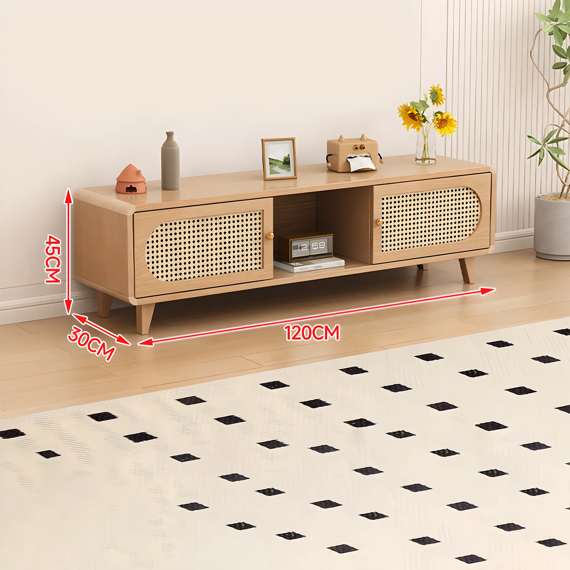 Solid Wood & Rattan TV Stand and Coffee Table Set – Modern Look 