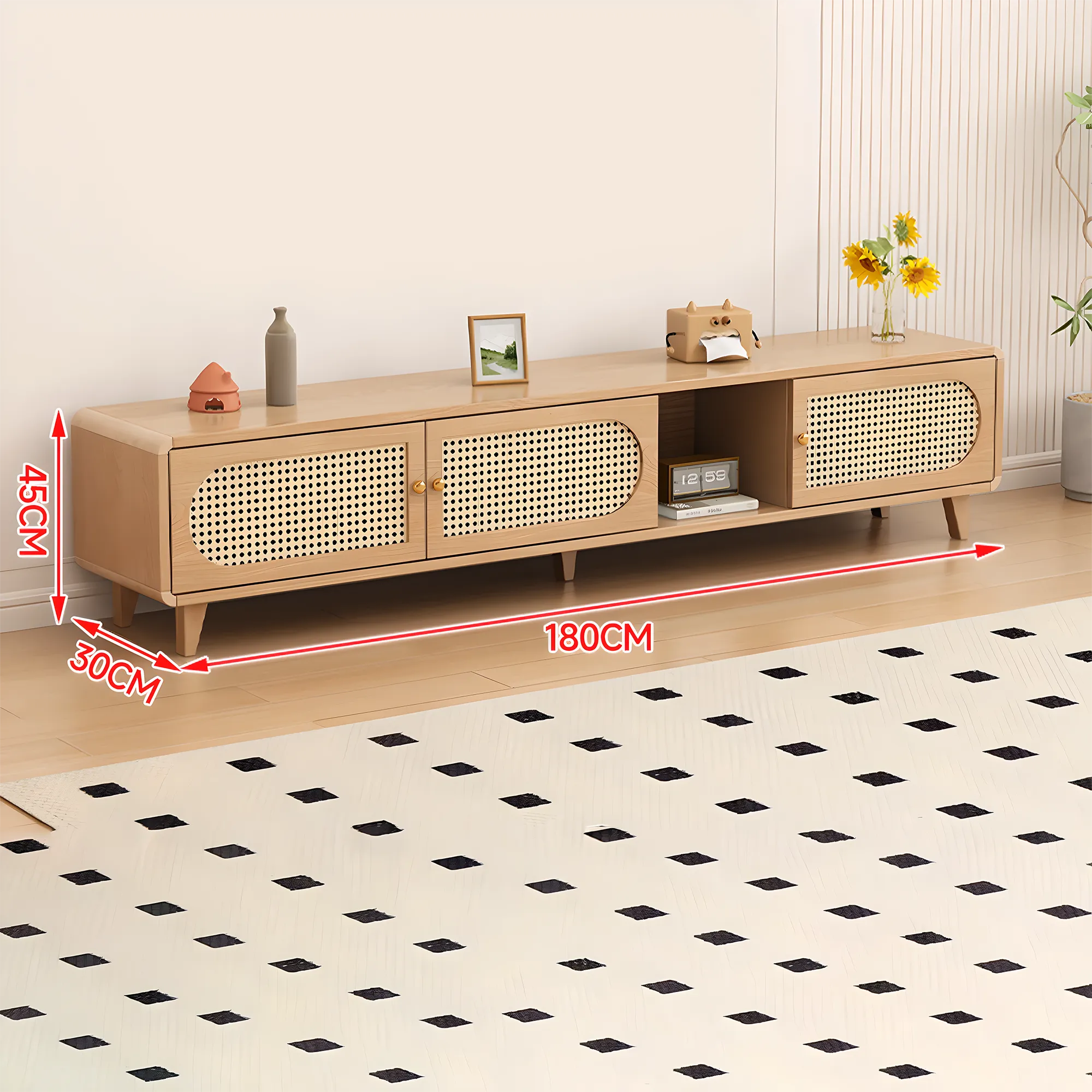 Solid Wood & Rattan TV Stand and Coffee Table Set – Modern Look 